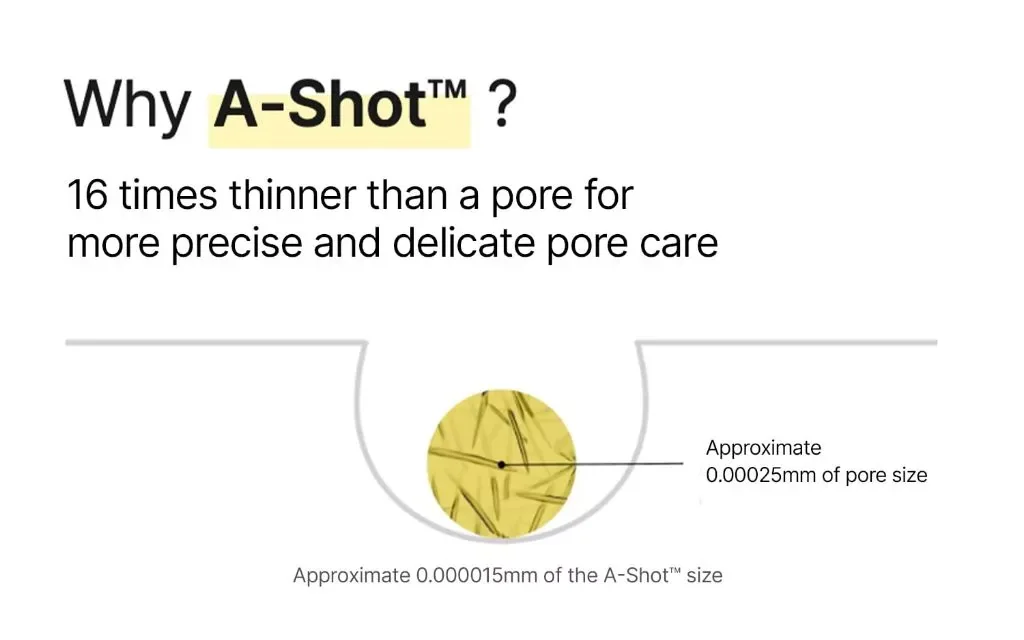 Diagrama da marca: partícula A-Shot de aproximadamente 0,000015mm comparada ao tamanho aproximado de um poro de 0,00025mm