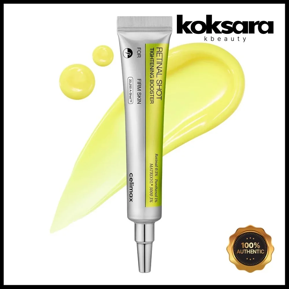CELIMAX Retinal Shot Tightening Booster com textura do gel amarelo, logo da Koksara K-Beauty e selo 100% Authentic