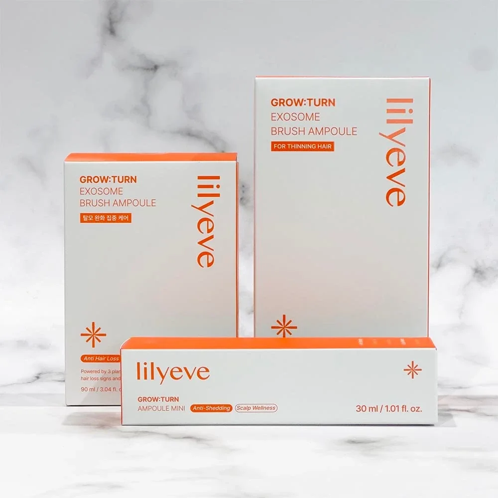 Caixas da linha Lilyeve Grow:Turn Exosome Brush Ampoule: refil 90ml, 100ml e mini 30ml