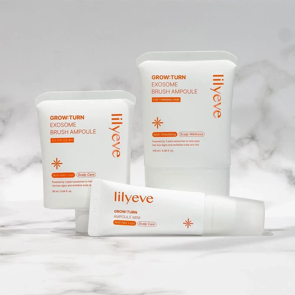 Linha Lilyeve Grow:Turn Exosome Brush Ampoule: refil 90ml, frasco 100ml e tubo mini 30ml