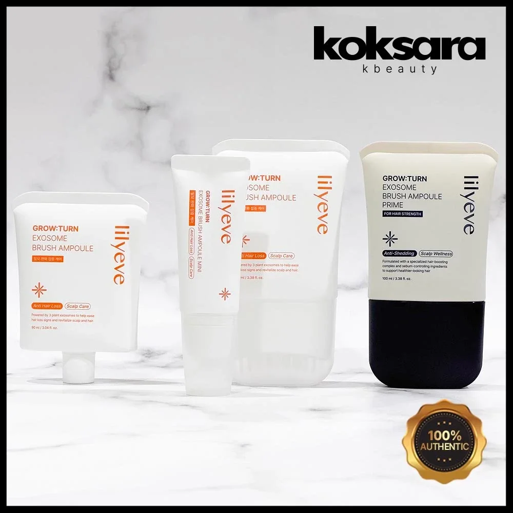 Linha Lilyeve Grow:Turn Exosome Brush Ampoule (refil 90ml, mini 30ml, 100ml e Prime 100ml) com logo da Koksara K-Beauty e selo 100% Authentic