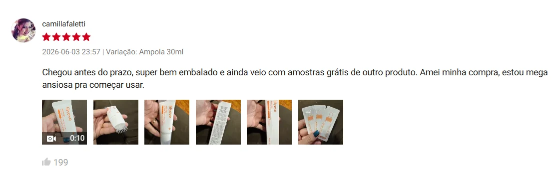 Avaliação de camillafaletti na Shopee, 5 estrelas, 03/06/2026, variação Ampola 30ml: 'Chegou antes do prazo, super bem embalado e ainda veio com amostras grátis de outro produto. Amei minha compra, estou mega ansiosa pra começar usar.'
