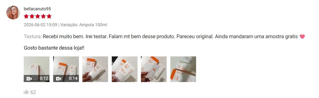 Avaliação de bellacanuto95 na Shopee, 5 estrelas, 02/06/2026, variação Ampola 100ml. Textura: 'Recebi muito bem. Irei testar. Falam mt bem desse produto. Pareceu original. Ainda mandaram uma amostra gratis. Gosto bastante dessa loja!!'