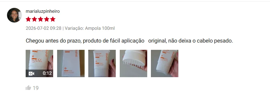Avaliação de marialuzpinheiro na Shopee, 5 estrelas, 02/07/2026, variação Ampola 100ml: 'Chegou antes do prazo, produto de fácil aplicação original, não deixa o cabelo pesado.'