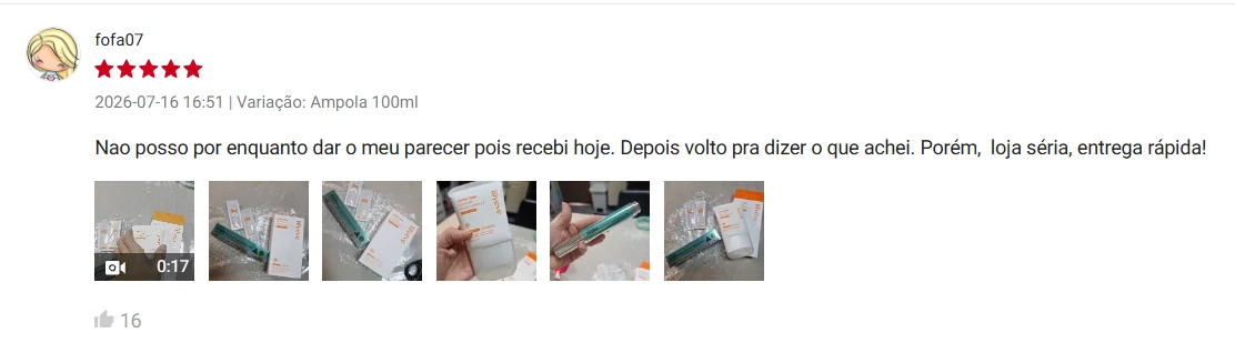 Avaliação de fofa07 na Shopee, 5 estrelas, 16/07/2026, variação Ampola 100ml: 'Nao posso por enquanto dar o meu parecer pois recebi hoje. Depois volto pra dizer o que achei. Porém, loja séria, entrega rápida!'