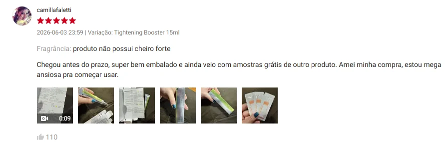 Avaliação de camillafaletti na Shopee, 5 estrelas, 03/06/2026: 'Chegou antes do prazo, super bem embalado e ainda veio com amostras grátis de outro produto. Amei minha compra, estou mega ansiosa pra começar usar.' Fragrância: produto não possui cheiro forte.