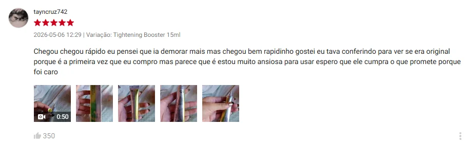 Avaliação de tayncruz742 na Shopee, 5 estrelas, 06/05/2026: 'Chegou chegou rápido eu pensei que ia demorar mais mas chegou bem rapidinho gostei eu tava conferindo para ver se era original porque é a primeira vez que eu compro mas parece que é estou muito ansiosa para usar espero que ele cumpra o que promete porque foi caro'
