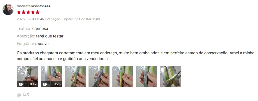 Avaliação de mariastellasantos414 na Shopee, 5 estrelas, 04/06/2026. Textura: cremosa. Absorção: terei que testar. Fragrância: suave. 'Os produtos chegaram corretamente em meu endereço, muito bem embalados e em perfeito estado de conservação! Amei a minha compra, fiel ao anúncio e gratidão aos vendedores!'