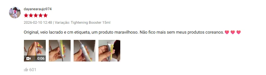 Avaliação de dayanearaujo974 na Shopee, 5 estrelas, 10/02/2026: 'Original, veio lacrado e cm etiqueta, um produto maravilhoso. Não fico mais sem meus produtos coreanos.'